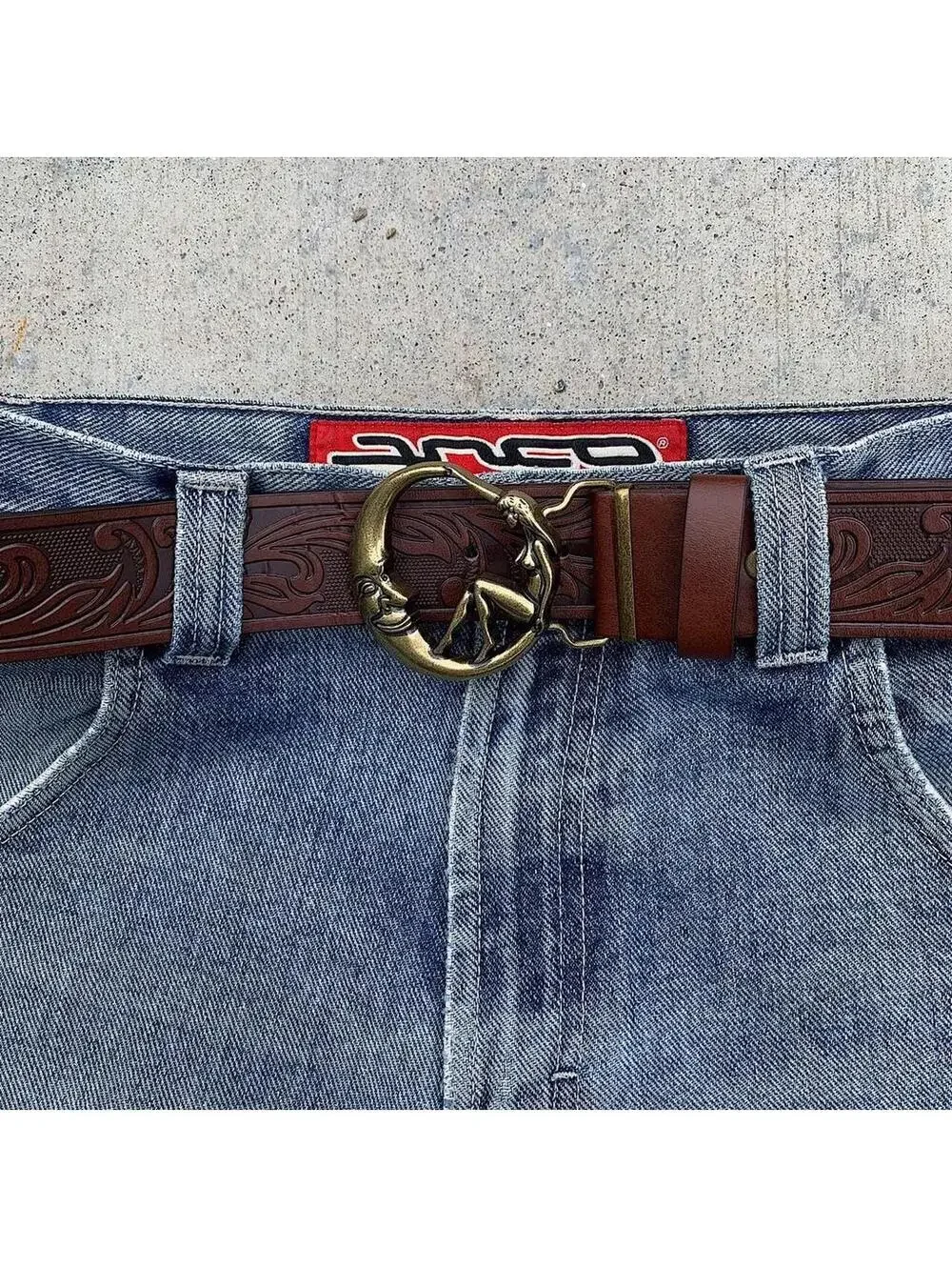 Half moon and Woman belt buckle brown belt. 44 inches length